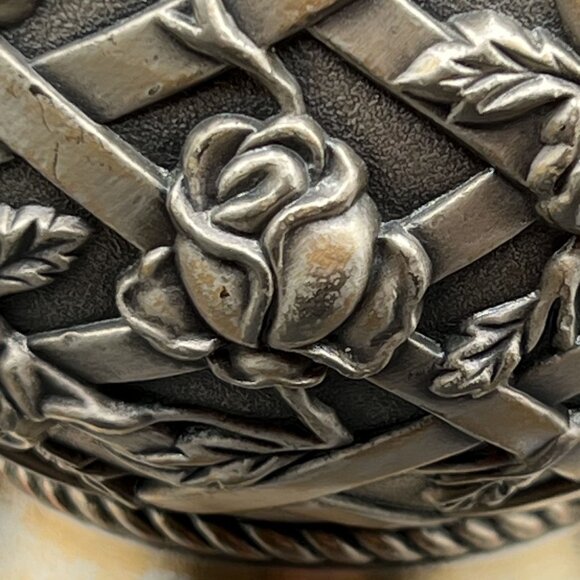 Vintage Pewter Trinket Dish Vase Intricate Trellis Climbing Rose Basket Weaved - Picture 3 of 9